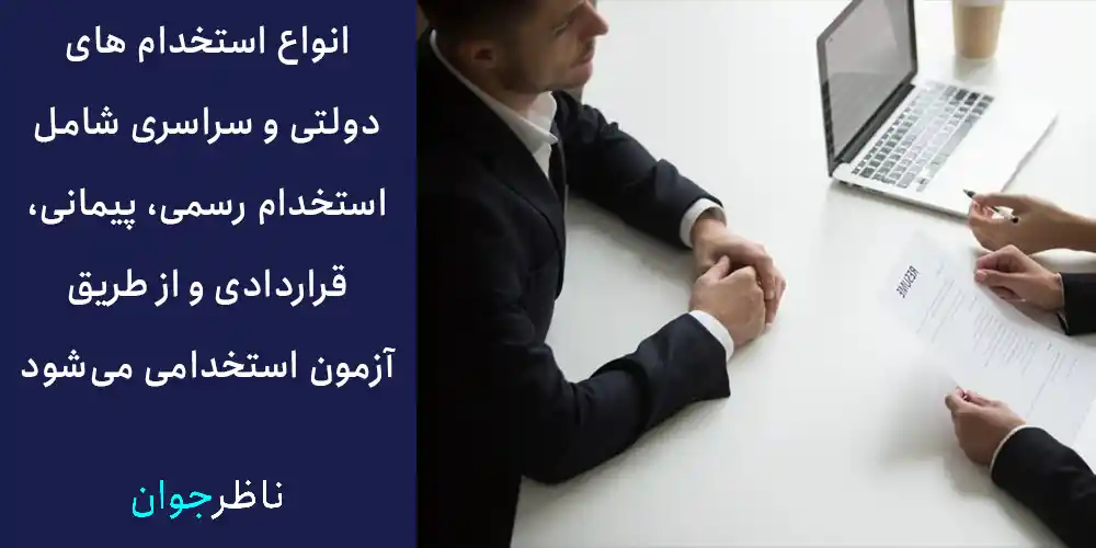 انواع استخدام های دولتی و سراسری شامل استخدام رسمی، پیمانی، قرادادی و از طریق آزمون استخدامی می‌شود